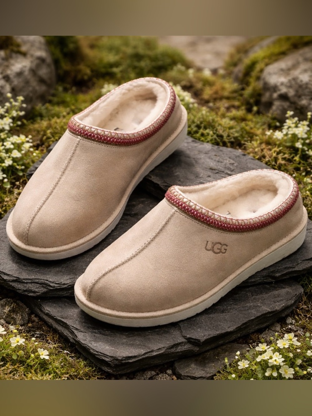 UGG Women's Tan Suede Slip-On Moccasin Slippers with Red Trim